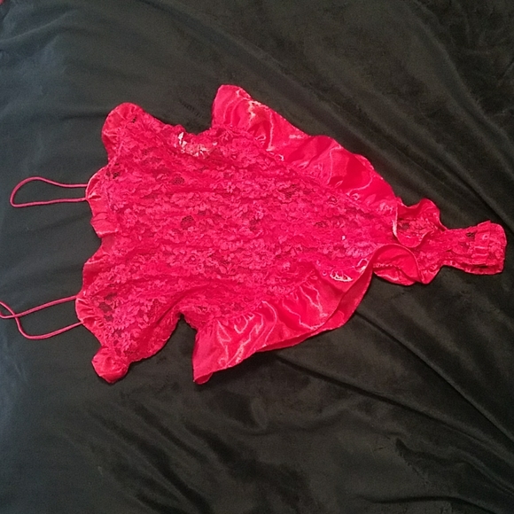 Victoria’s Secret Red 90's Gold Label Vintage Lace Teddy Satin Ruffle Bodysuit - Picture 4 of 16